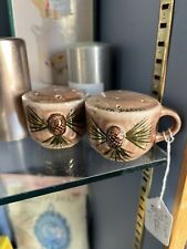 VINTAGE Rustic Americana Pinecone Salt & Pepper Shakers Usa Gold Accents MCM picture