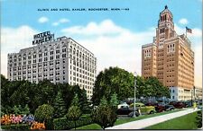 Mayo Clinic Hotel Kahler Rochester MN Classic Cars Flowers Flag Linen Postcard picture