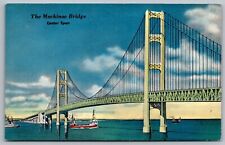 Michigan Saint Ignace Mackinaw City Center Span Mackinac Bridge Boats Postcard picture
