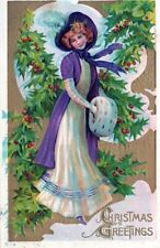 CHRISTMAS - Young Woman With Muff Christmas Greetings Postcard - 1911 picture