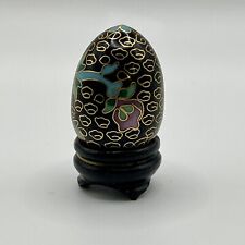 🖤🩵VINTAGE Chinese Mini Cloisonné Enamel Decorative Egg w/ Wooden Stand picture