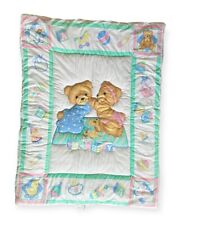 VTG 90s JCPenney Pastel Bears Bunnies Mint Green Quilt Baby Blanket Comforter picture