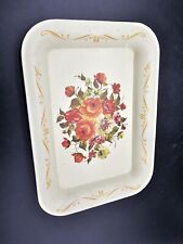 Vintage Floral Toleware Tin Mini Tray Roses & Scrolling On Ivory White picture