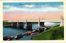 Main Street Levee Bridge Boats Lafayette IN Linen Unused Postcard c1940 picture