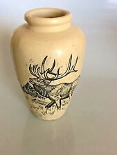 Etched Pottery VASE elk with rack & calf forest background grass Cream & black picture