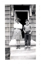 Vintage Photo Young Boy & Young Girl On House Porch Americana, 1940's Fashion picture