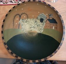 Vintage Primitive Folk Art Hand Painted Wooden Country Scene Bowl 12”  picture