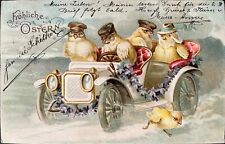 Embossed Easter PC Chicks in hats driving vintage car Frohliche Ostern picture