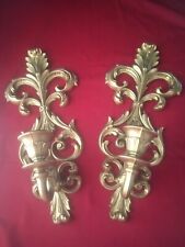 Vintage Pair Wall Sconce Candle Hanging Burwood MCM Hollywood Regency Gold Tone picture