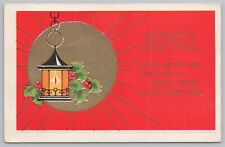 Holiday~Seasons Greetings~Lantern & Holly On Red & Gold Background~Vintage PC picture
