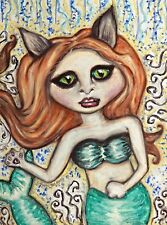 Signed 4x6 Fantasy Art Print by KSams - Feline Mermaid Woman Illustration picture