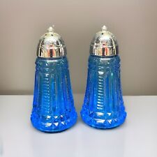 Vintage Cobalt Blue Glass Salt And Pepper Shakers With Metal Lids SEE PICTURES  picture