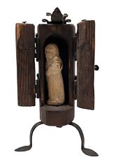 Antique Catholic Carved Wood Case Stone Madonna Child Prayer Altar Iron Fittings picture