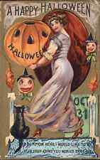 1913 Halloween Postcard Black Cat Dancing Pumpkin Heads Jack O' Lantern picture