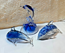 Murano-Style Set of 3 Art Glass Blue Dolphins one On A Clear Wave perfect condit picture
