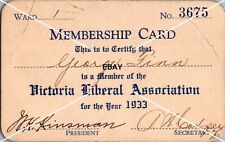 1933 Victoria Liberal Association Membership Card Ward 1 Signed No 3675 picture