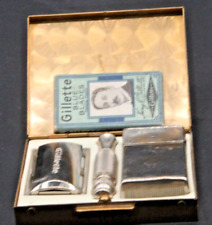 Vintage 1965 Gillette 3 Piece Tech Razor.  METAL CASE and razor blades picture