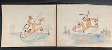 Pair Original c 1940's Walt Disney Color Drawings Pluto Ice Skating Animator picture