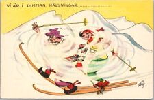 Vintage SWEDEN Sports Comic Greetings Postcard Skiing Scene / Ostersund Cancel picture