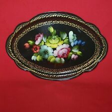Vintage Zhostovo Floral Hand Painted Black Metal Tray picture