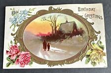 Postcard: BIRTHDAY GREETINGS ~ People House Trees In Embossed Oval Frame Flowers picture