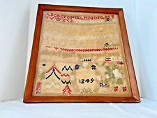 Antique 1849 Framed Folk Art Alphabet Fabric Sew Sampler Stitched Needlework picture