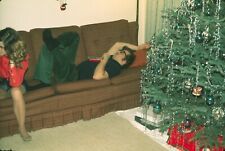 1960s Man Laying Woman Sitting on Couch Christmas Day Vintage 35mm Slide picture