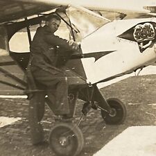 Man Pilot Standing Next To Plane Airport Vintage Photo Snapshot 1940s Aviation picture