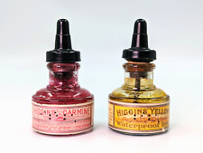 2 Early 1900’s Higgins Ink ¾ oz. Bottles w/Original Labels Carmine Red & Yellow picture