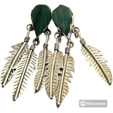 Mesmerizing Large NAVAJO MALACHITE STERLING SILVER FEATHER EARRINGS  picture