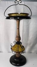 VTG Mid Century Amber Glass & Black Metal Stand Up Pedestal Ashtray 1960’s picture