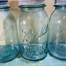 Lot of 3 Vintage Ball Perfect Mason Blue Glass Quart Canning Jars  picture