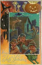 Great Nash Embossed Halloween Postcard Ser.4, Scared Boys, Witch, Cat & Pumpkin picture