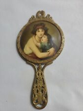 Antique French Brass Hand Mirror Mother & Dauhter Embracing Women Mirror Art picture