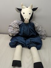 Fabric Country Cow Plush decor handmade doll blue overalls red hearts FLAWS READ picture