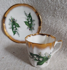 VTG Royal Dover China Teacup Saucer White Lily of the Valley Flowers Gilt Green picture