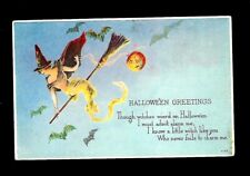 1920 Halloween Postcard Fairy Witch Riding a Broom, Bats Flying picture