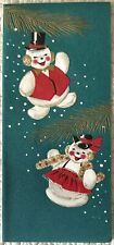 Vintage Christmas Snowman Couple Gold Pine Leaves Greeting Card 1950s 1960s picture