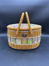 Vintage Sears Best Large Sewing Basket with Tray - Woven Wicker Pink Floral picture