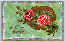 Postcard Vintage 1923 A Happy Birthday Flowers Embossed Gold Foil Inlay Posted picture