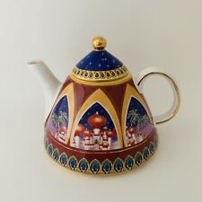 Anthony Mark Hankins teapot signed Arabian Scene white blue red gold tea party picture