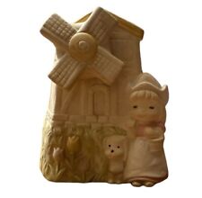 Vtg Working Ceramic Music Box of a Windmill, a Little Dutch Girl, and a Puppy. picture