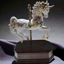 Unicorn Merry Go Round Figurine  Adorned With Roses On Musical Pedestal EUC picture