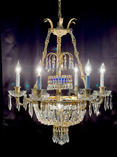 Vintage Brass Crystal Tier Neoclassical Regency Baltic Chandelier Cobalt Blue picture