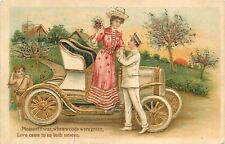 Postcard 1909 Early automobile romance Couple cupid TR24-1096 picture