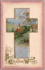 Vintage Winsch EASTER Embossed Postcard Cross Border / Church Scene - 1914 picture