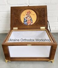 Handcarved Orthodox Reliquary Box Wood Ark with Icon Saint Spyridon 15.74