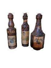 Vtg. Set Of 3 Wood Hand Carved Faux Wine Bottle Candle Holder 10