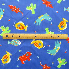 Whimsical Vintage Animal Toss Fabric Springs Blue Cotton BTY picture