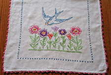 Vintage  Embroidered  Runner  Bluebird/Flowers  Pink Crochet Edge-16 x 35 picture